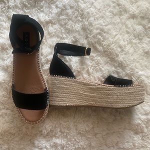 [Aqua] Black Leather Platform Espadrille Sandals